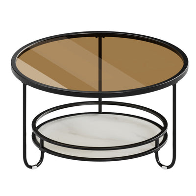 Modern Simplicity Round Striped Glass Slab Metal Coffee Table 2-Tier For Living Room