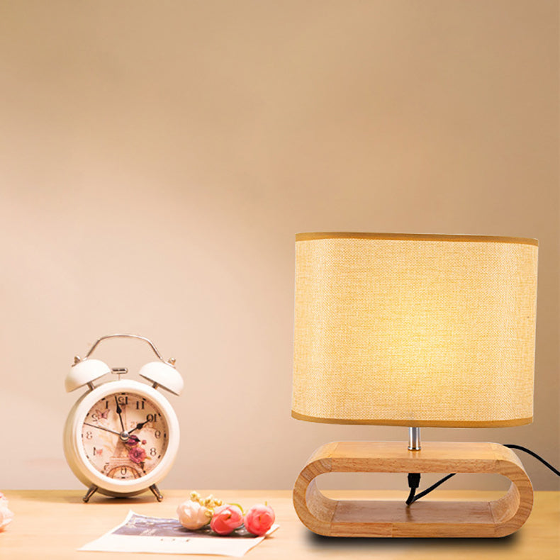 Contemporary Scandinavian Rectangular Wood Fabric 1-Light Table Lamp For Bedroom