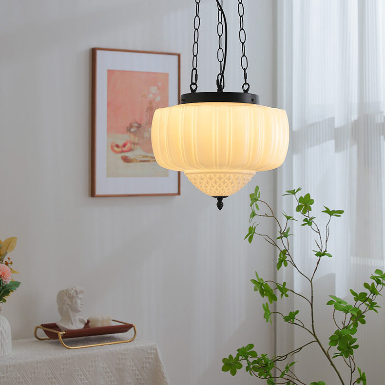 Modern Minimalist Cream Lantern Iron Glass 3-Light Pendant Light For Living Room