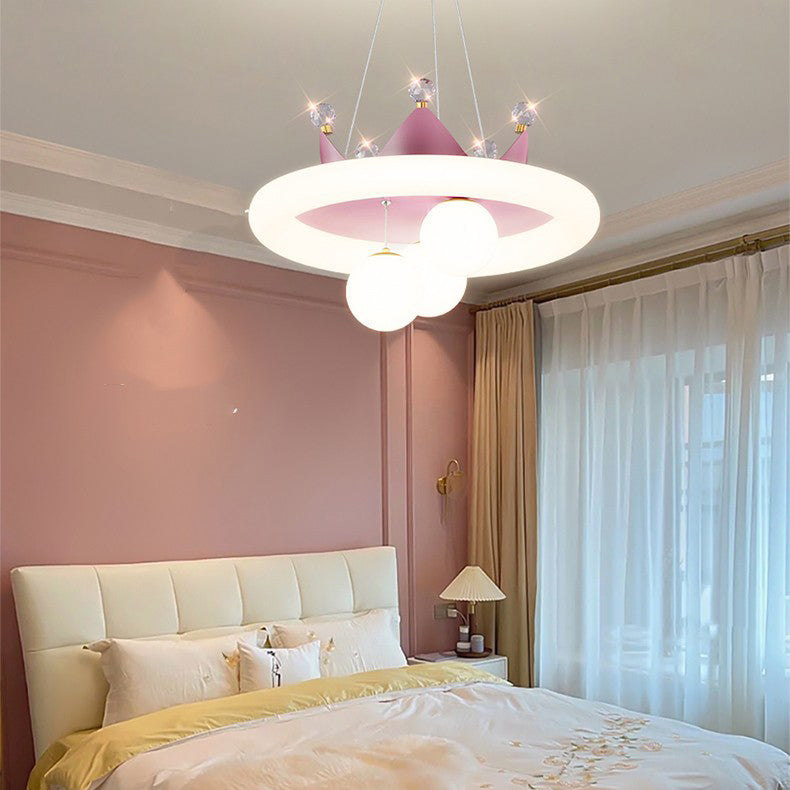 Contemporary Creative Crystal Crown PE Round Shade LED Chandelier For Bedroom