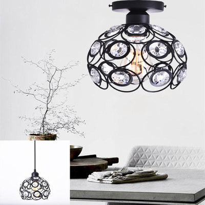 Modern Minimalist Round Dome Iron Crystal 1-Light Semi-Flush Mount Ceiling Light For Living Room