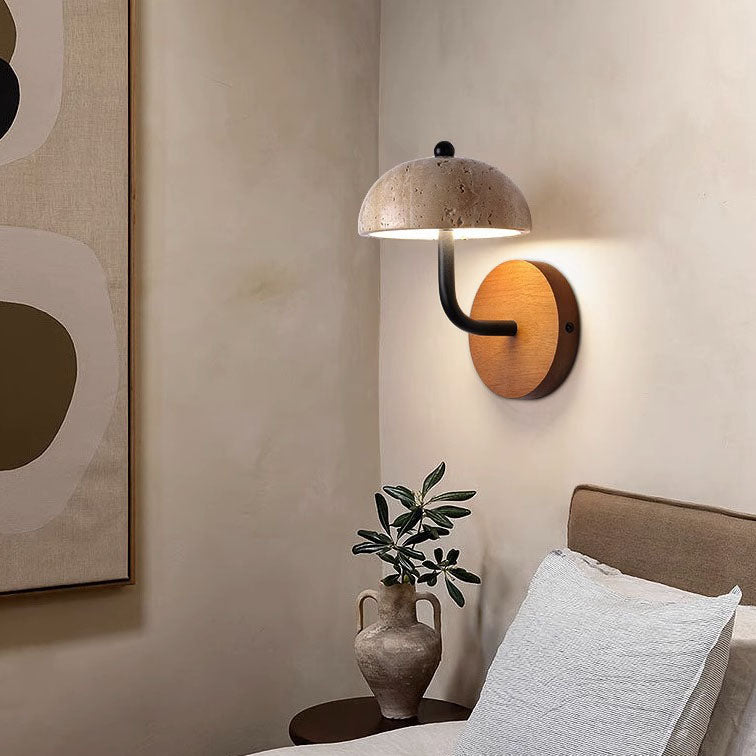 Traditional Japanese Dolomite Walnut Round Hemispherical LED Wall Sconce Lamp For Bedside