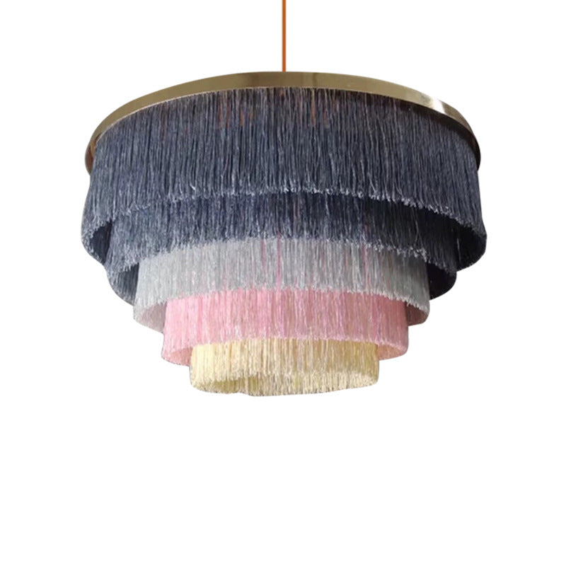 Contemporary Scandinavian Fringe Round Cloth Iron 3-Light Chandelier For Living Room