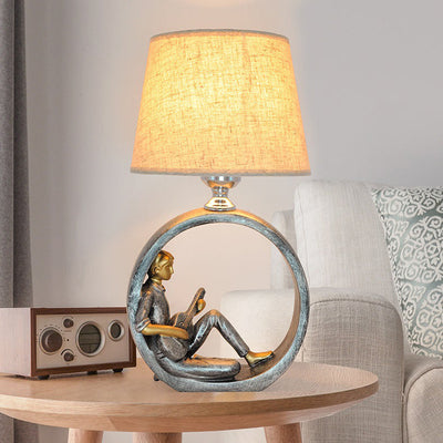 Contemporary Creative Round Girl Boy Resin Fabric 1-Light Table Lamp For Living Room