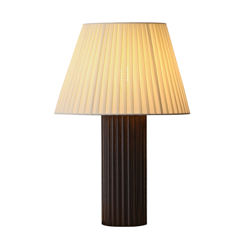 Contemporary Retro Cylinder Pleated Wood Fabric Brass 1-Light Table Lamp For Bedside