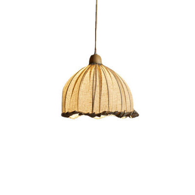 Traditional Rustic Half Round Rubber Wood Linen 1-Light Pendant Light For Living Room