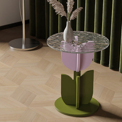 Contemporary Creative Petal Round Tabletop Pine Glass Side Table For Living Room