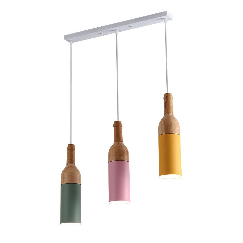 Lustre nordique moderne minimaliste en forme de bouteille de vin, en fer et en aluminium, en bois massif, à 3 lumières, luminaire d&