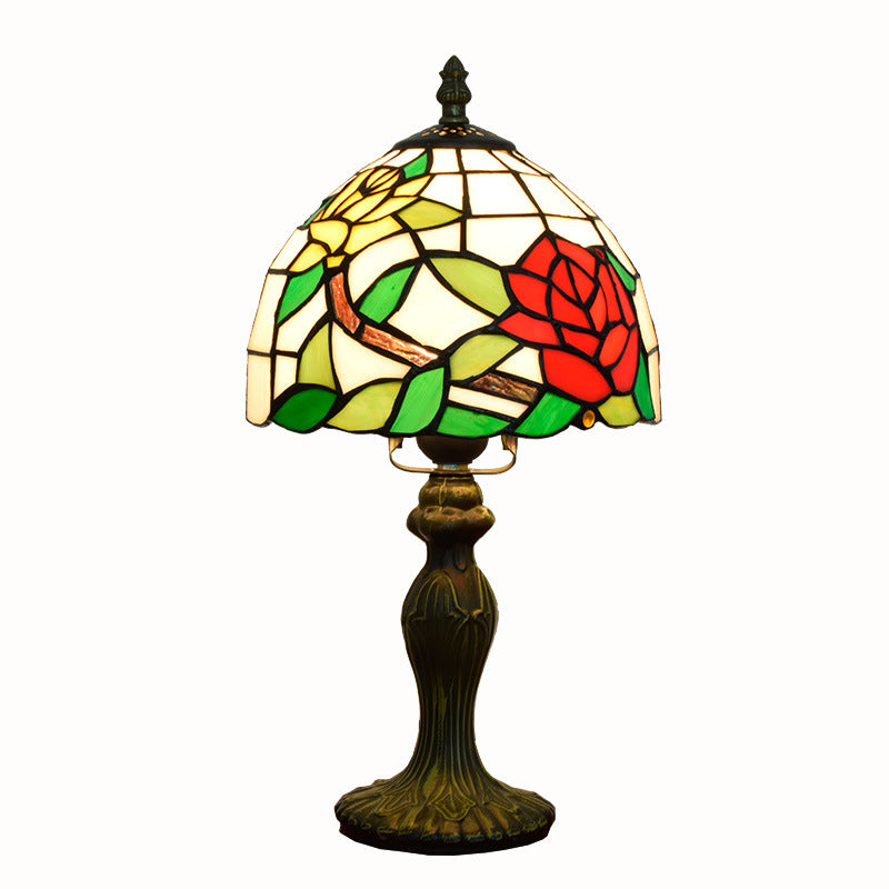 Traditional Tiffany Stained Glass Rose Flower Cone Dome 1-Light Table Lamp For Bedroom