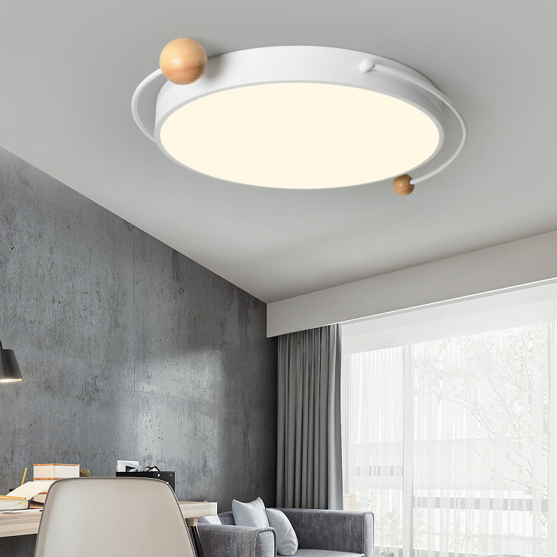 Contemporary Scandinavian Round Orb Curved Tube Iron Acrylic Wooden LED Flush Mount Ceiling Light For Bedroom