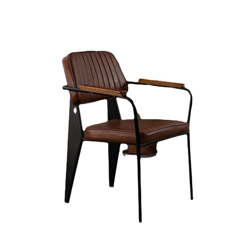 Contemporary Industrial Leather Metal Sponge Wood Square Vertical Stripe Dining Chair Backrest Armrest For Dining Room