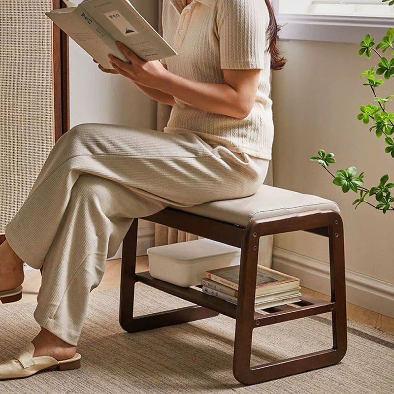 Modern Minimalist Rectangular Solid Wood Leather Shoe Storage Benches For Entryways