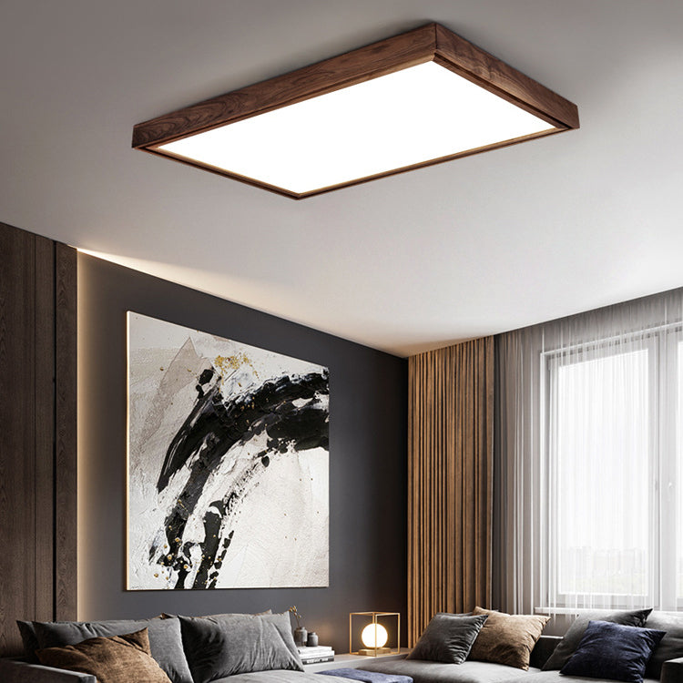 Traditional Chinese Walnut Iron Acrylic Square Rectangular LED Flush Mount Ceiling Light For Living Room