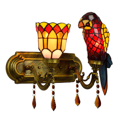 Traditional Tiffany Parrot Stained Glass Crystal String 2-Light Wall Sconce Lamp For Living Room