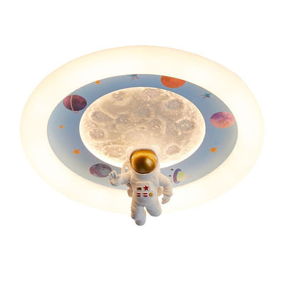 Modern Art Deco Kids Iron Resin Acrylic Round Moon Astronaut LED Flush Mount Ceiling Light For Bedroom