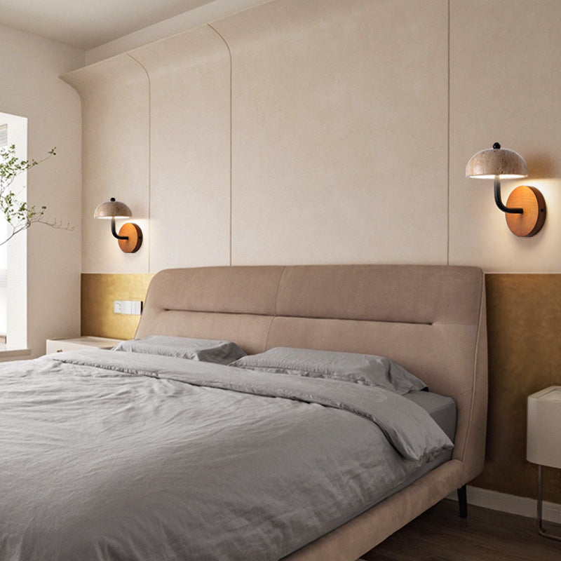 Traditional Japanese Semi-Circular Beige Travertine Wood LED Wall Sconce Lamp For Bedroom