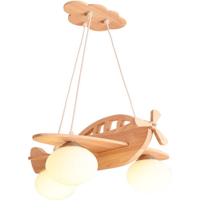 Contemporary Creative Rubberwood Aircraft Design Glass 3-Light Kids Chandelier For Bedroom