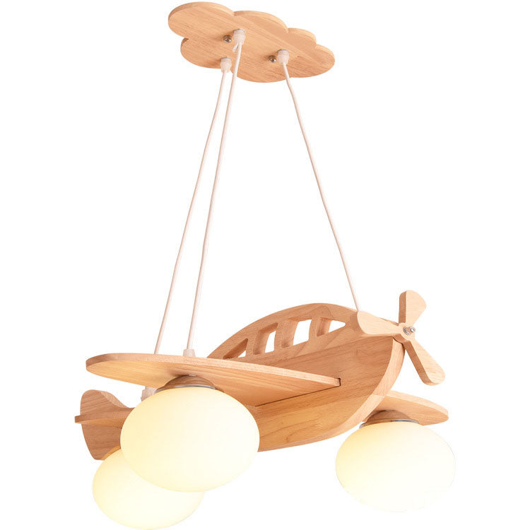 Contemporary Creative Rubberwood Aircraft Design Glass 3-Light Kids Chandelier For Bedroom