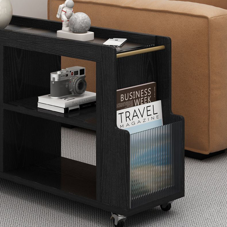 Contemporary Simplicity Rectangle Tempered Glass Top Wood Side Table 5-Cabinet Casters For Living Room