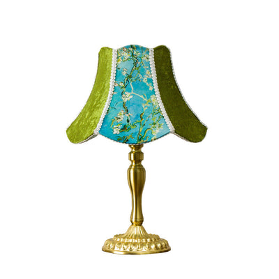 Traditional European Metal Fabric Floral Painted Frilled 1-Light Table Lamp For Bedroom