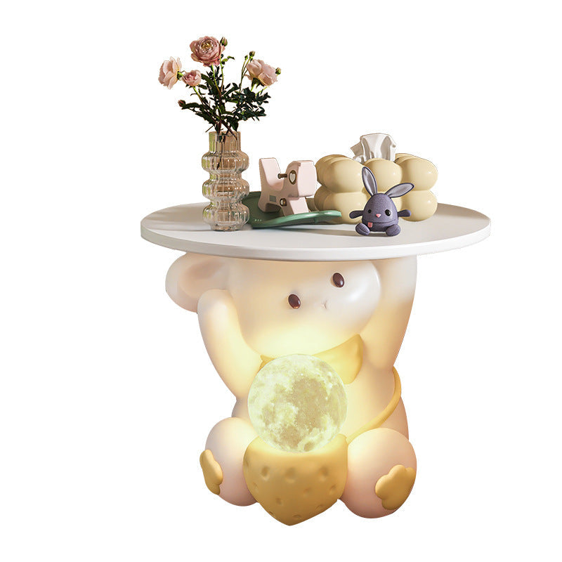 Modern Art Deco Kids Rabbit Round Plate Rectangular Drawer Resin Wood Enamel End Table 1-Drawer With LED Light For Bedroom