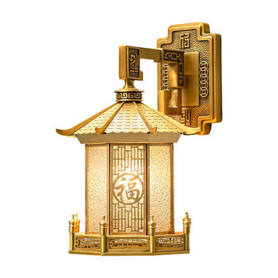 Traditional Chinese Waterproof Brass Stainless Steel Glass House Cylinder Conic 1-Light Wall Sconce Lamp For Outdoor Patio