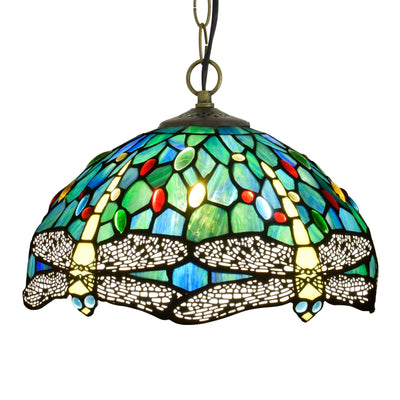 Traditional Tiffany Dragonfly Stained Glass Dome 1-Light Pendant Light For Living Room