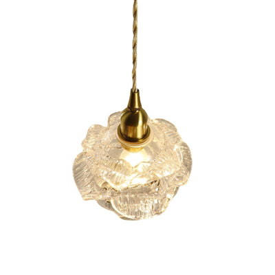 Traditional French Romantic Rose Glass Shade Brass 1-Light Pendant Light For Living Room