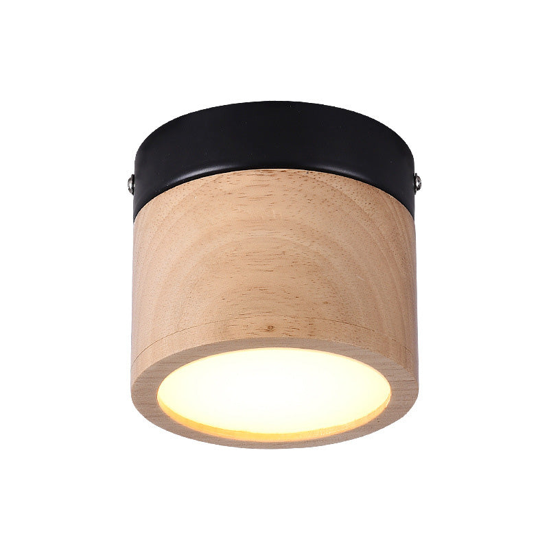 Traditional Japanese Wood Acrylic Cylindrical LED Spotlight Flush Mount Ceiling Light For Hallway