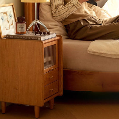 Traditional Japanese Rectangular Wood Nightstand With 3-Drawer For Bedroom