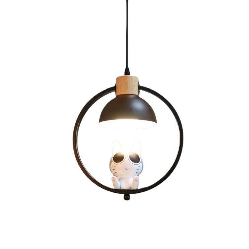 Contemporary Nordic Wood Iron Resin Round Cartoon Cat 1-Light Pendant Light For Bedside