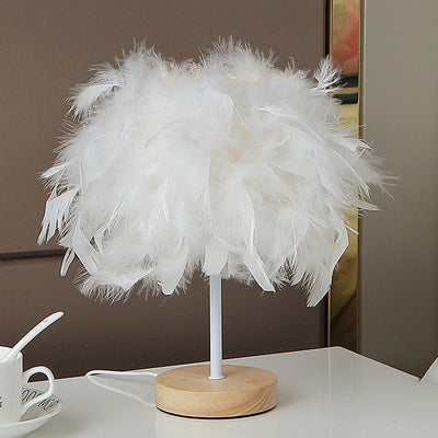 Modern Art Deco Feather Weaving Wood Base USB Rechargeable LED Table Lamp For Bedroom