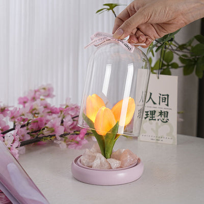 Modern Simplicity Cylinder Flower Wood Glass LED Table Lamp For Living Room