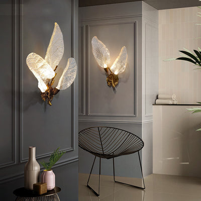 Modern Luxury Resin Imitation Leaf Texture Antique Brass Branch Shape LED Wall Sconce Lamp For Living Room