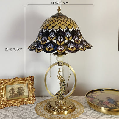 Traditional Tiffany Copper Glass Dome Round Peacock Cockatoo 1-Light Table Lamp For Bedroom