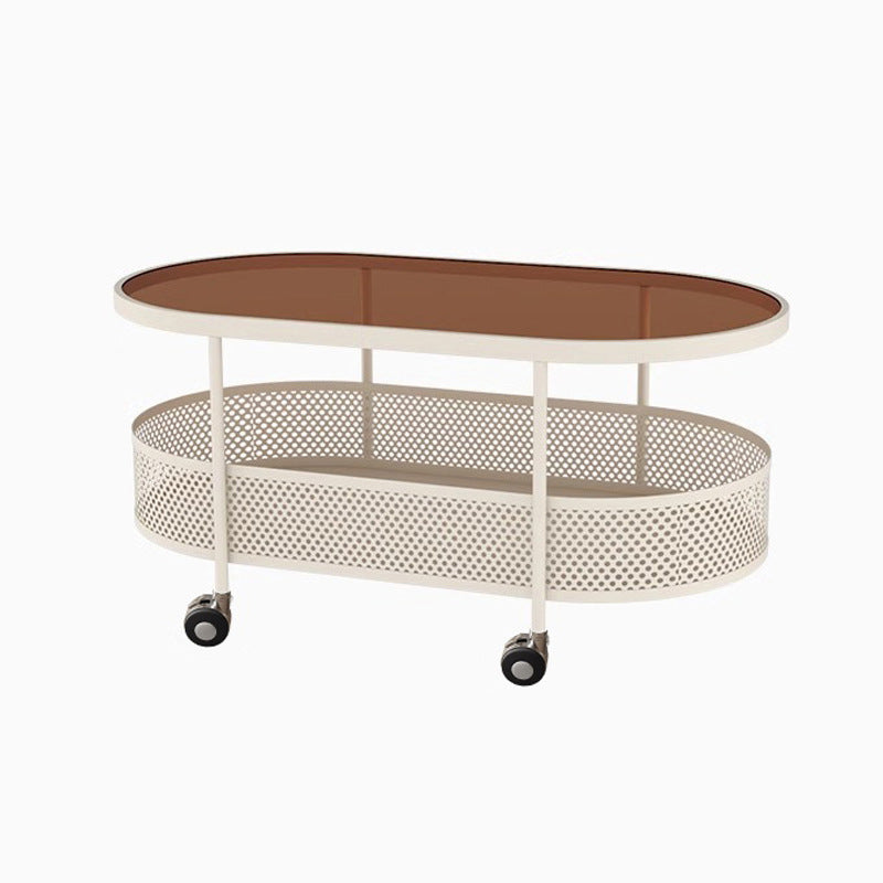 Modern Simplicity Oval Glass Top Iron Movable Side Table 2-Tier Cabinet For Living Room