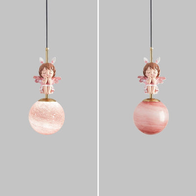 Contemporary Nordic Kids Resin Glass Round Angel 1-Light Pendant Light For Bedside