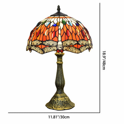 Traditional Tiffany Round Dome Dragonfly Aluminum Stained Glass 1-Light Table Lamp For Bedroom