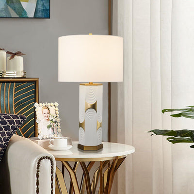 Modern Light Luxury Plated Ceramic Column Fabric 1-Light Table Lamp