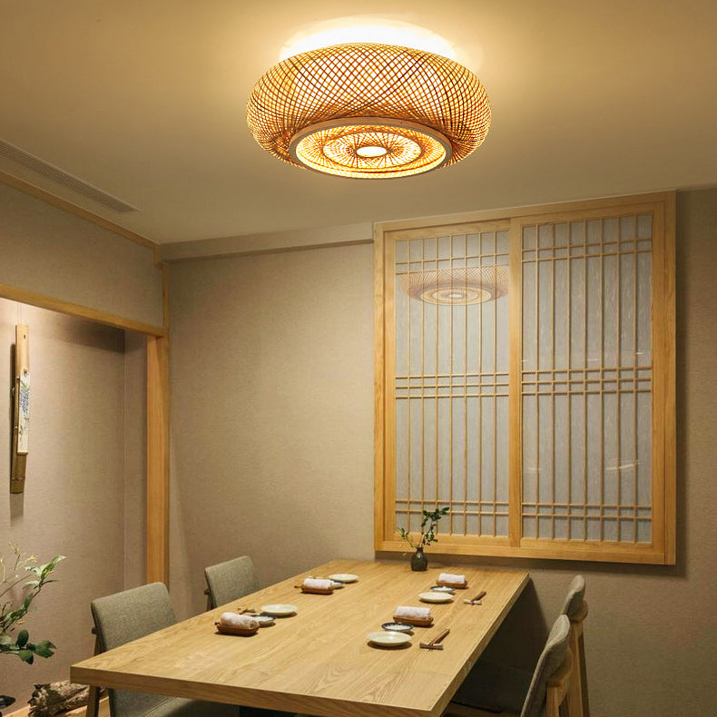 Traditional Vintage Round Skeleton Bamboo PVC 1-Light Flush Mount Ceiling Light For Living Room