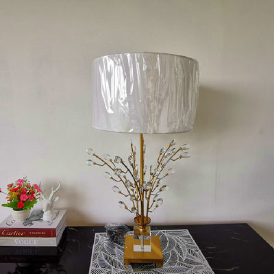 Lampe de table moderne à 1 lumière en tissu cristal avec branche d'arbre de luxe ronde pour chambre à coucher 