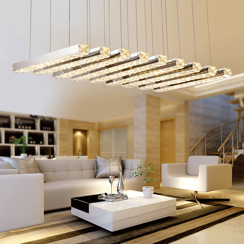 Modern Minimalist Long Square Crystal Stainless Steel LED Light Chandelier For Bedroom