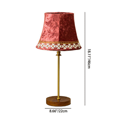 Traditional European Drum Velvet Copper Wood 1-Light Table Lamp For Living Room