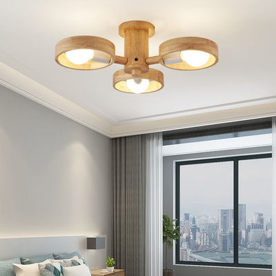 Contemporary Nordic Round Rotatable Rubber Wood 3/5 Light Semi-Flush Mount Ceiling Light For Living Room