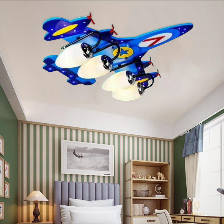 Contemporary Creative Wooden Airplane Acrylic 4-Light Flush Mount Ceiling Light For Bedroom