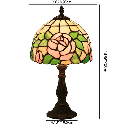 Traditional Tiffany Rose Flower Stained Glass Shade Zinc Alloy Base 1-Light Table Lamp For Study