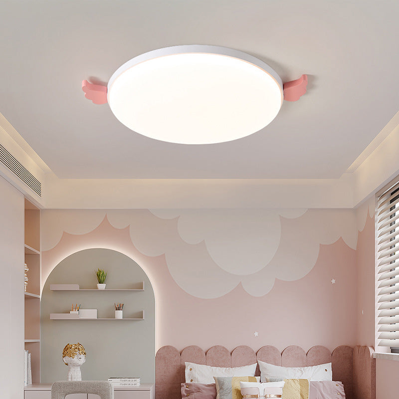 Contemporary Creative Round Small Wings Acrylic Wood Iron LED Flush Mount Ceiling Light For Living Room