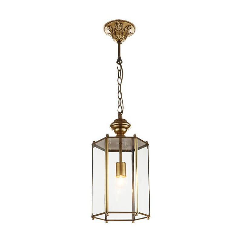 European Light Luxury Clear Hexagonal Cage Brass 1-Light Pendant Light