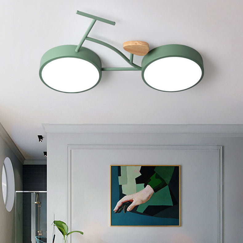 Contemporary Creative Bicycle Acrylic Wood LED Kids Flush Mount Ceiling Light For Living Room