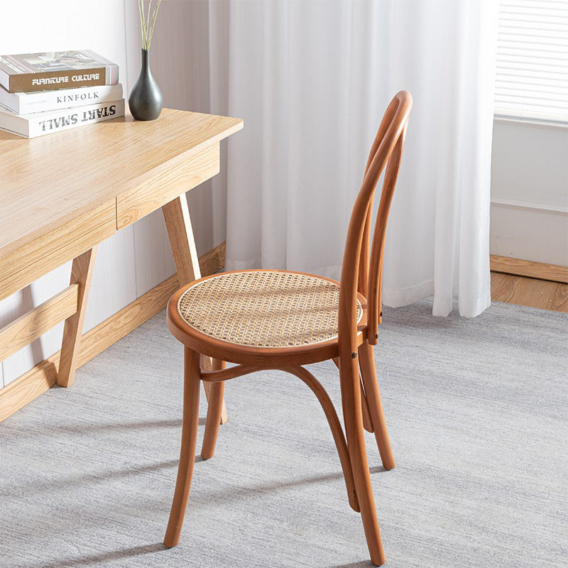 Contemporary Scandinavian Round Rattan Wood Vanity Stool Backrest Armless For Bedroom